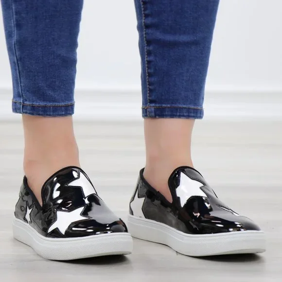 Black With White Stars Patent Sneakers Shoes - Picture 2 of 14